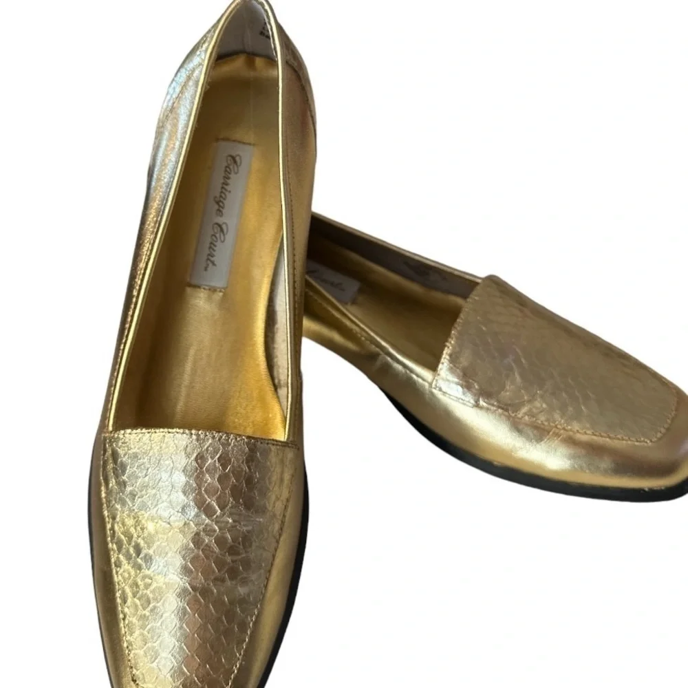 Carriage Court Gold Snake Skin Embossed Square Toe 1” Heel Loafer Flat Shoe